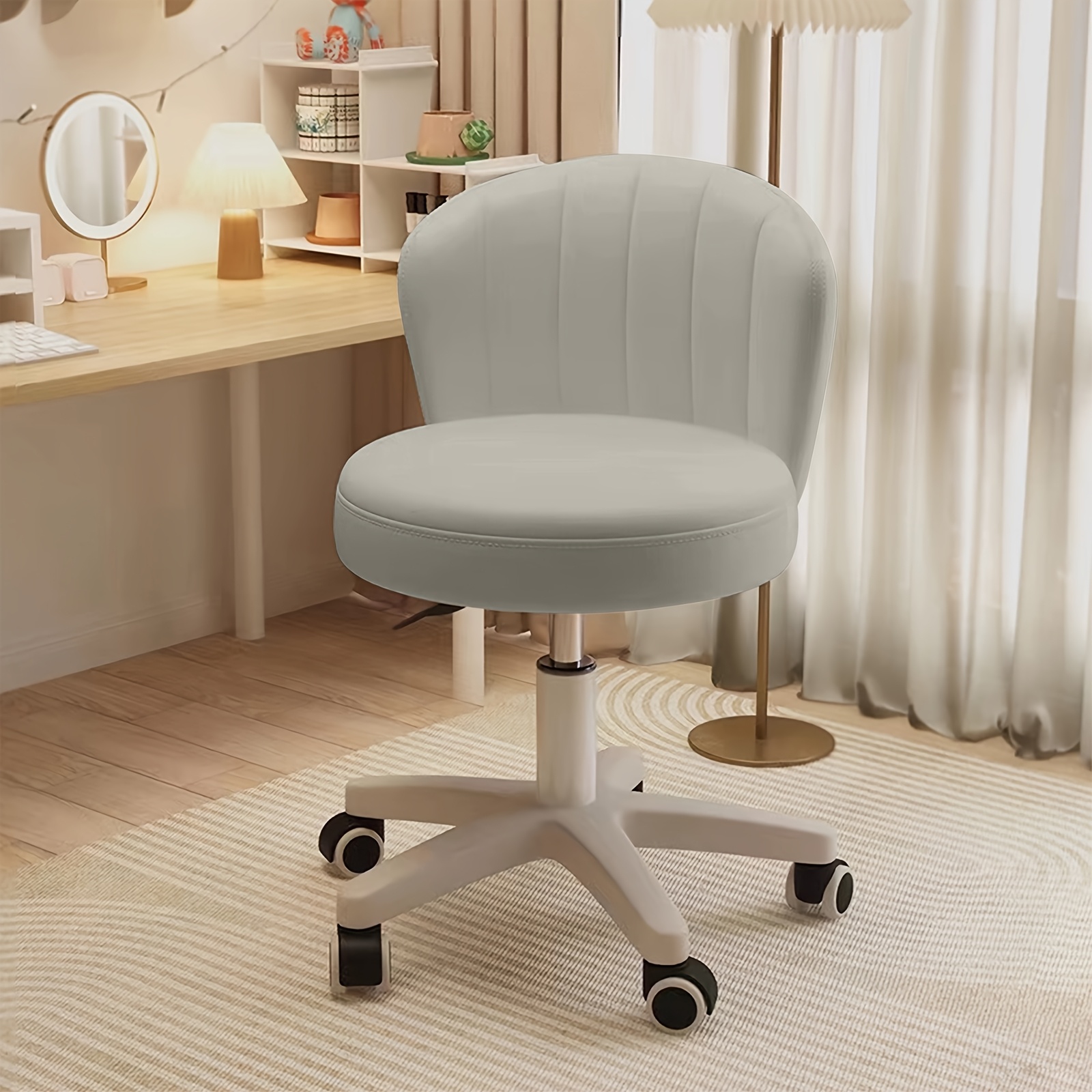 Small Office Chair Work Chair Foam Cushion Vanity Chair 5-wheel Backrest Swivel Chair Home Bedroom Living Room Computer Chair Black White Pink Gray