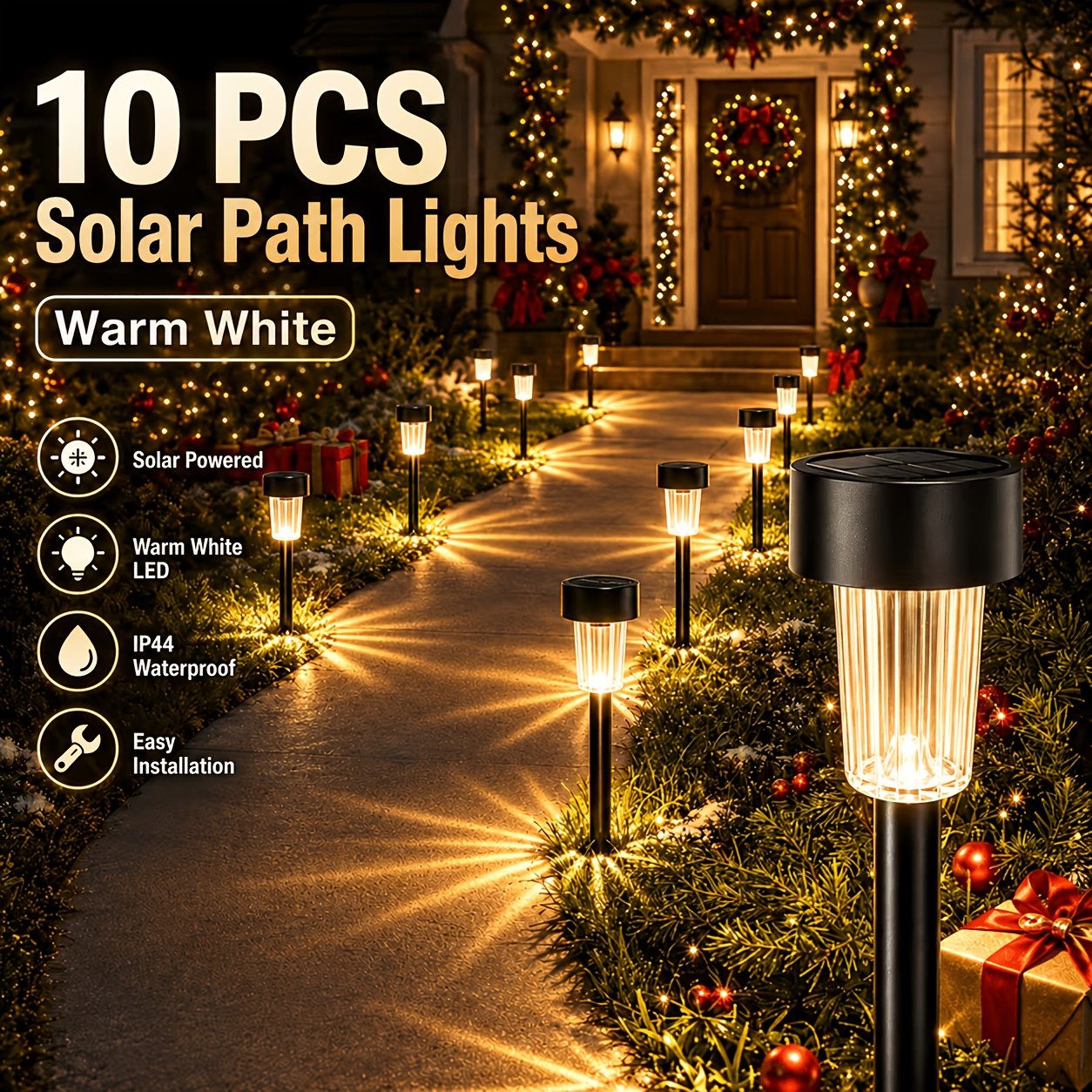 TEMU Solar Outdoor Lights 10-pack, 3-color Waterproof Garden Lights, Warm White/white/rgb Auto Solar Pathway Lights For Yard Lawn