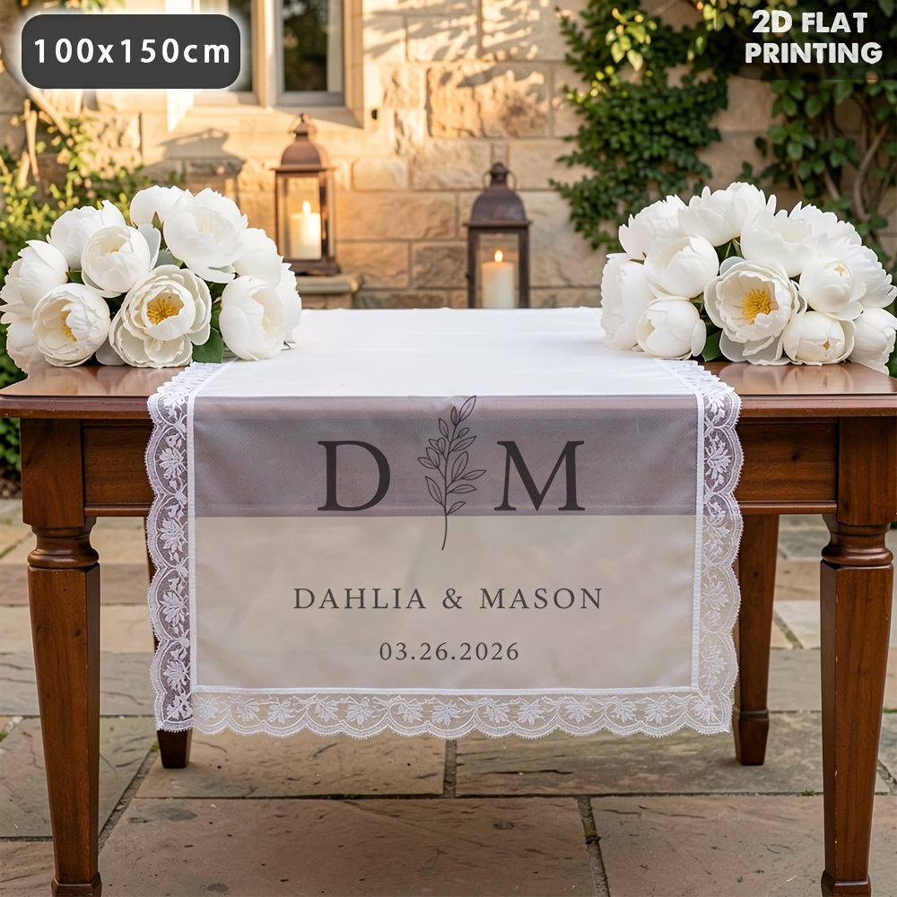 TEMU 1pc Personalized Custom Tulle Lace Party Tablecloth/table Cover, Wedding Reception Gift, Banquet Decoration Lace Tulle Flag, Custom Ceremony