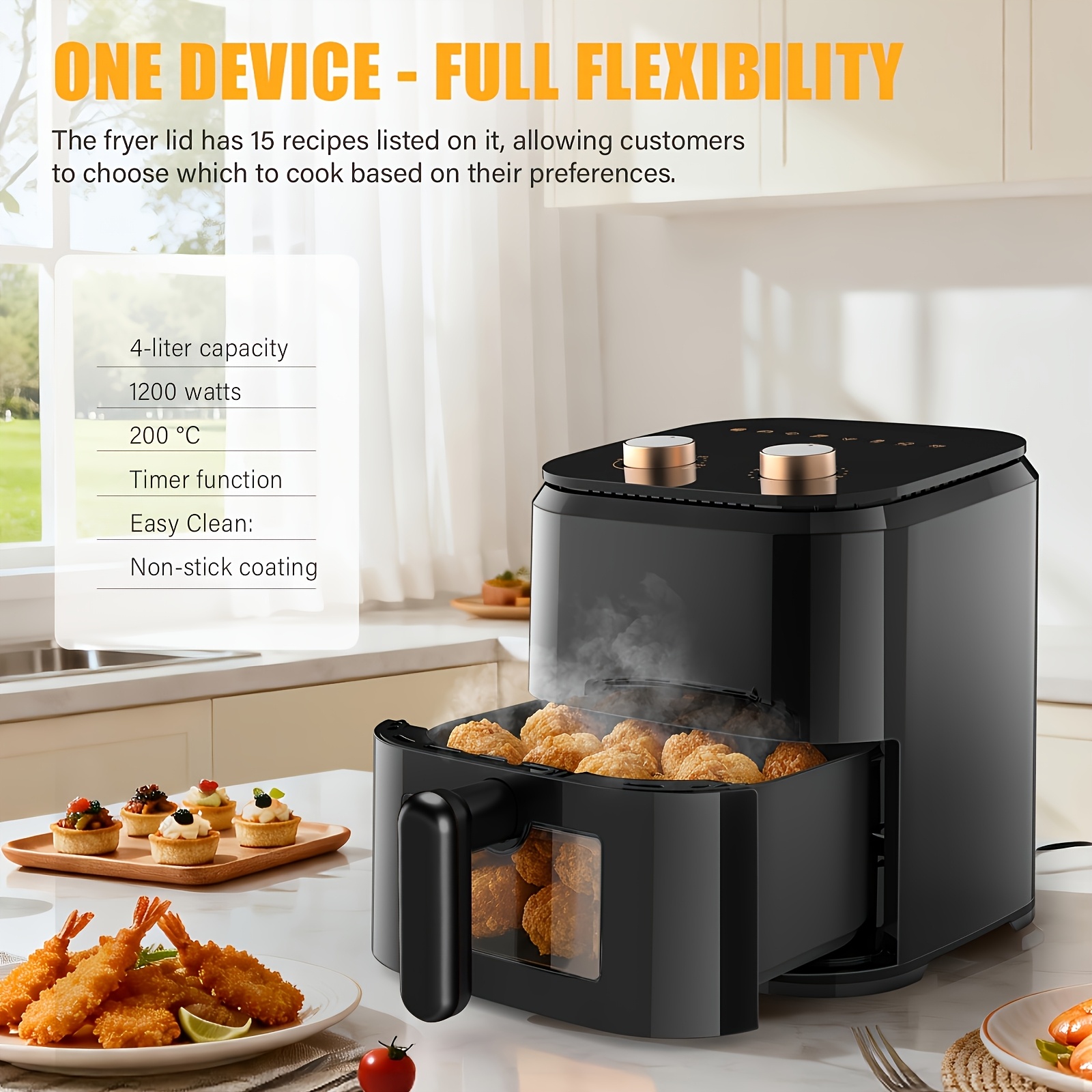 4l Air Fryer For 2-3 People, Small Air Fryer With 15 Menu Options, Dual Knob Manual Temp & Timer, 3d Rapid Air Circulation, Nonstick & Dishwasher , Oil-free Healthy Cooking