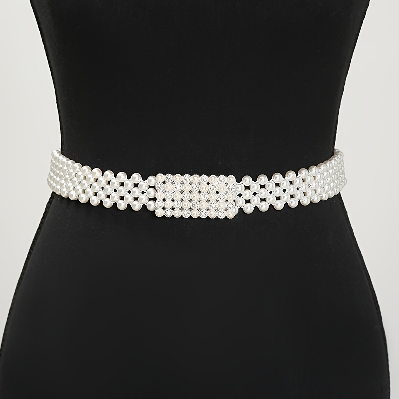 TEMU Women's Elastic Stretch-fit Thin Belt With Of Rectangular Silvery Beads/ Of Oval -shaped / Of Large Round / Of Large Round Silvery Beads,