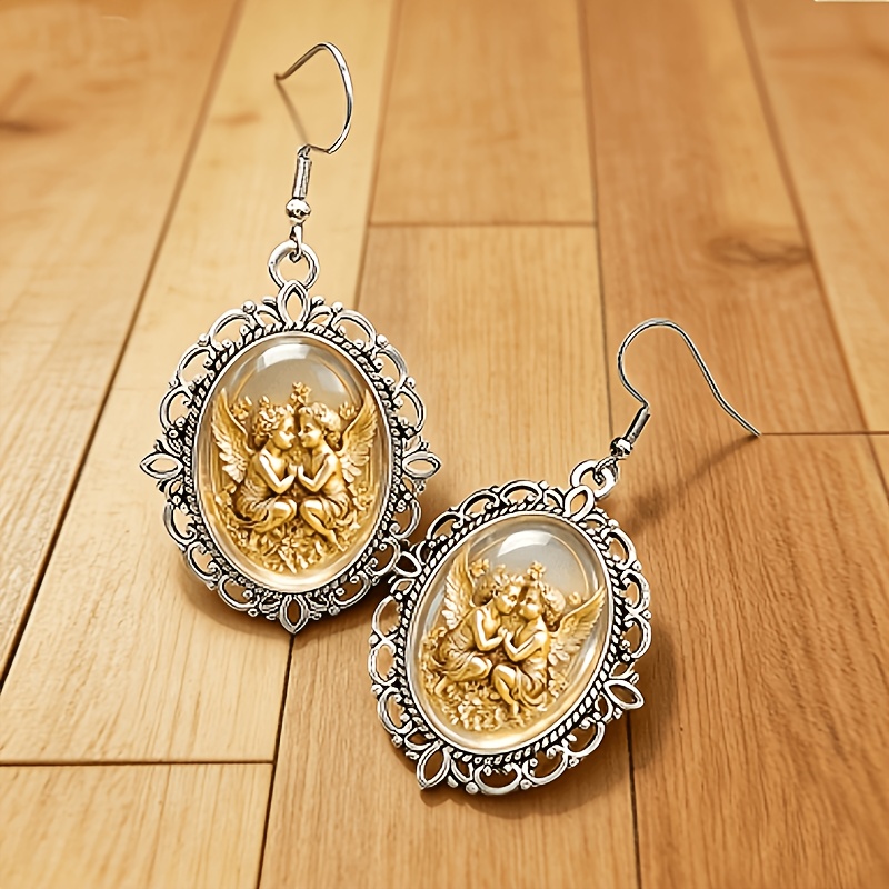Victorian Antique Silvery Frame Little Angel Oval Glass Earrings