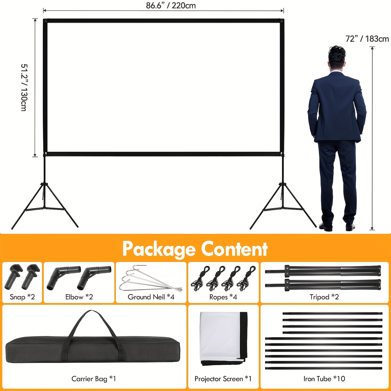 TEMU Écran de projection 100/120 pouces avec support 16:9 4K 1080 HD, écran de cinéma portable avec trépied, sac de transport , lavable, pliable,