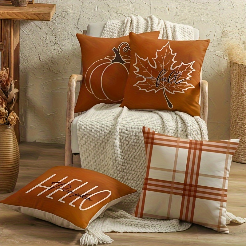 

Autumn Charm 4-piece Set: Modern Plaid & Pumpkin Throw Pillow Covers - Perfect For Living Room, Office, And Home Decor - Zip Closure, Machine Washable Polyester (inserts Not Included)