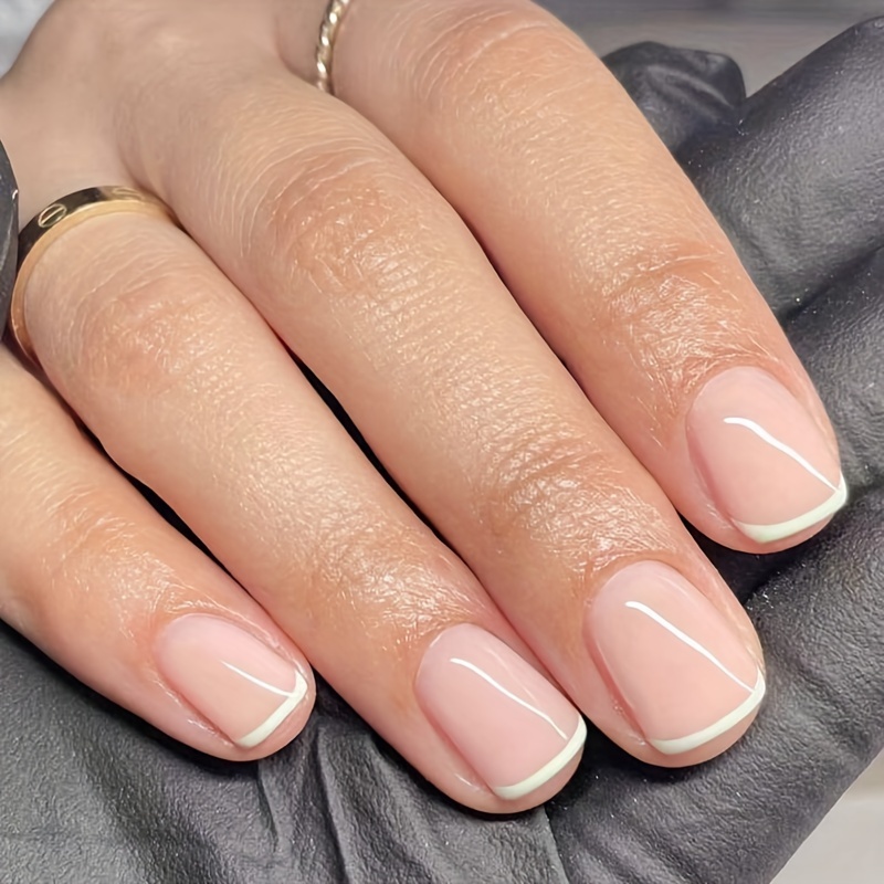 

24 Pcs Nude Pink French Tip Press On Nails - Square Shape Short Length With Glossy Finish, Easy Application Fake Nails Set