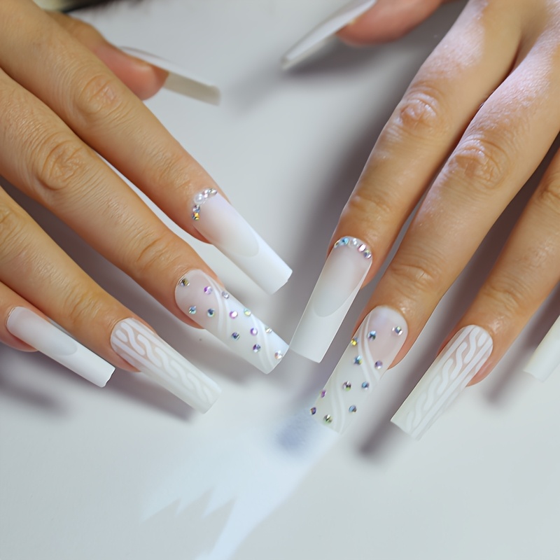 

24pcs White Press-on Nails Set With Rhinestones - Long Square, French Tip Design, Includes Jelly Glue & Nail File