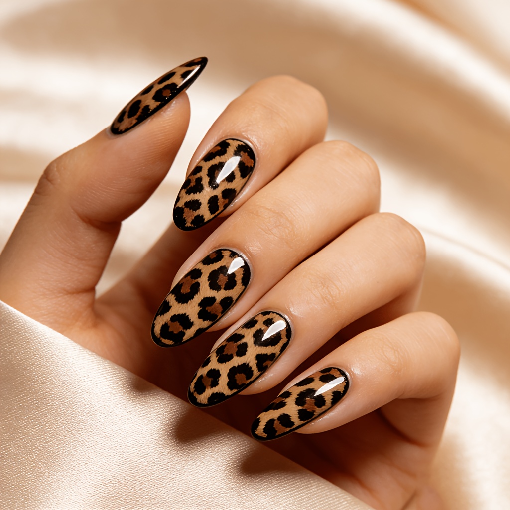 TEMU A Set Of 24 Almond-shaped Press-on Nails Featuring A Leopard Print Design With Color Blocking, Perfect For A Gothic Manicure. Medium-length Fake