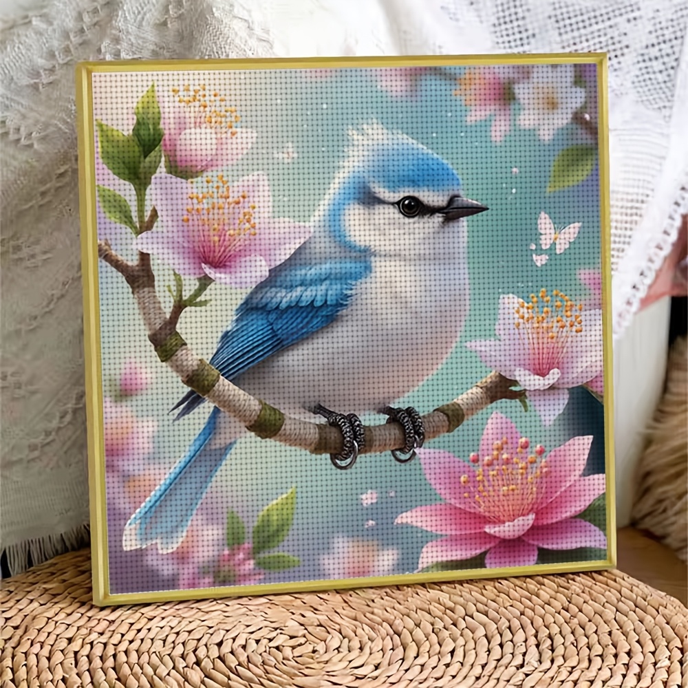 Cross Stitch Kit, Blue Bird on Branch with Pink Flowers