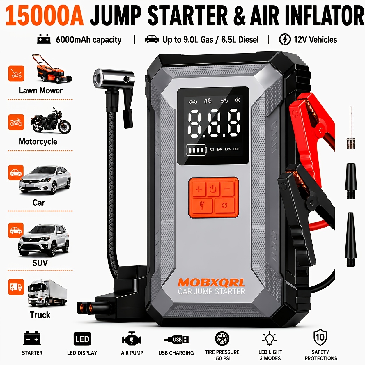 TEMU Portable Car Emergency Jump Starter, 12v Auto Battery Charger, 150psi Air Pump Emergency Starter And Single Starter, Multiple Styles , Auto