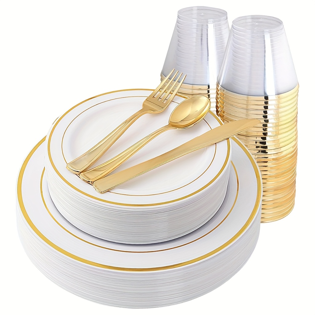 TEMU Service de vaisselle doré 150 pièces pour 25 invités, assiettes de fête comprenant : 25 assiettes plates à bord doré, 25 assiettes à dessert, 25