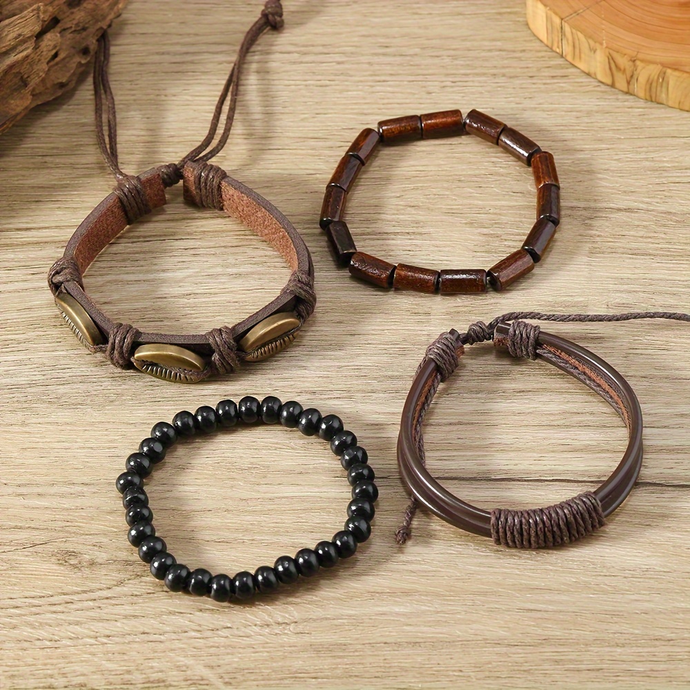 Vintage Beaded Shell Charm Leather Bracelet Set