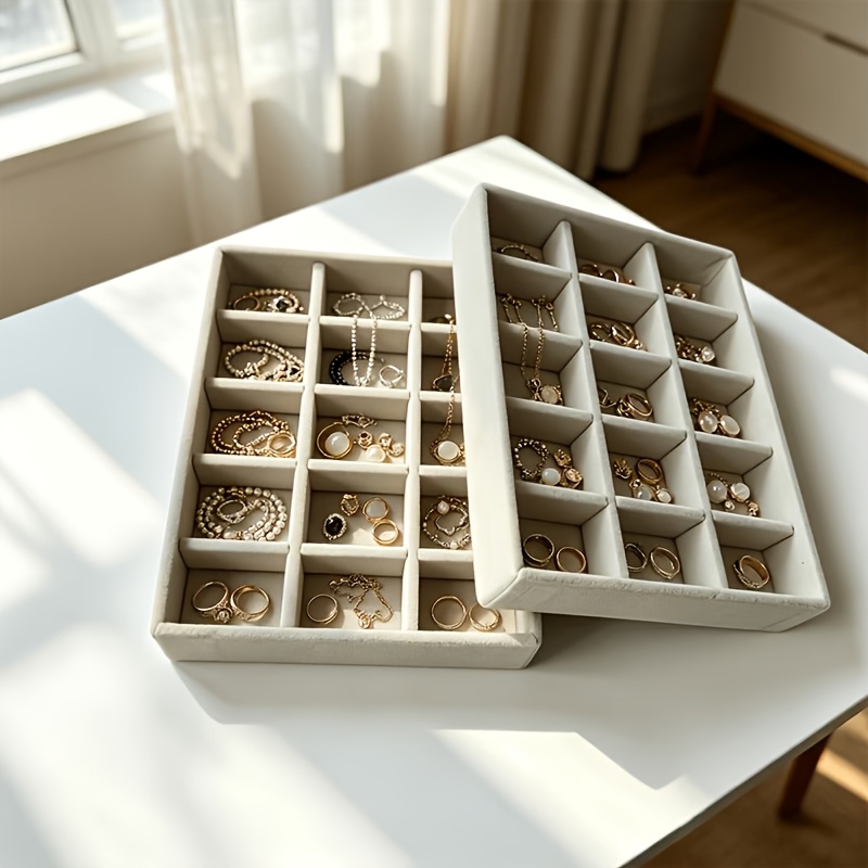 2pcs Beige 15-Compartment Jewelry Box, Gift for Her