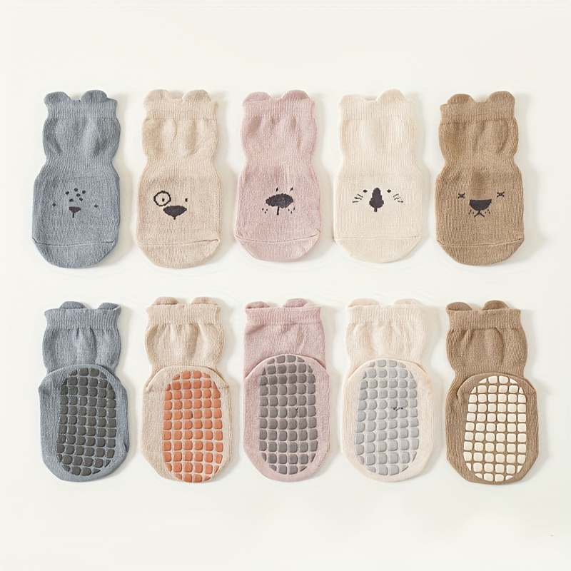 TEMU 5 Pairs Cozy Non-slip Kids Socks With Cute Animal Designs - Breathable, Soft Polyester Blend, Machine Washable - Perfect For Learning To Walk