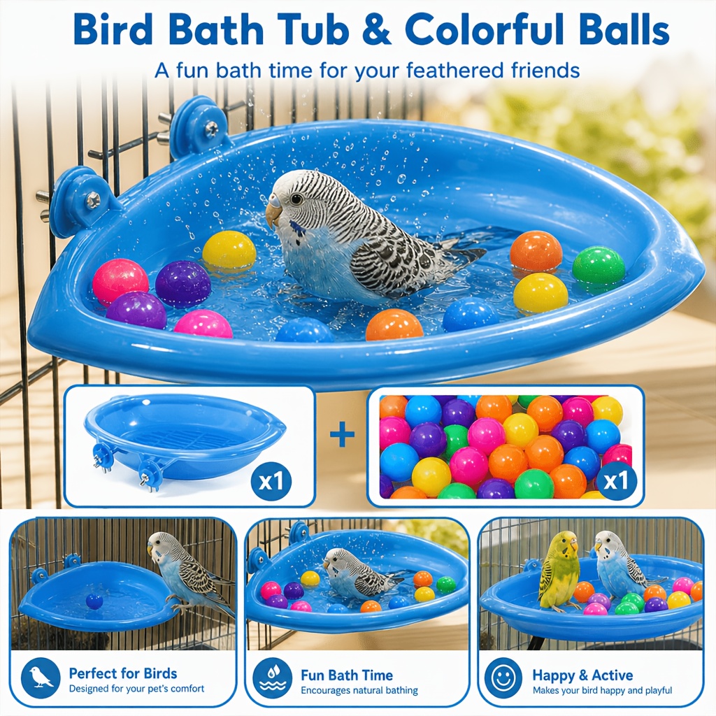 TEMU 2pcs Bird Bath Tub And Colorful Ball Toy Set, Easy To Hang On Cage Bars With Secure Clips, Includes Assorted Color Balls For Bathing