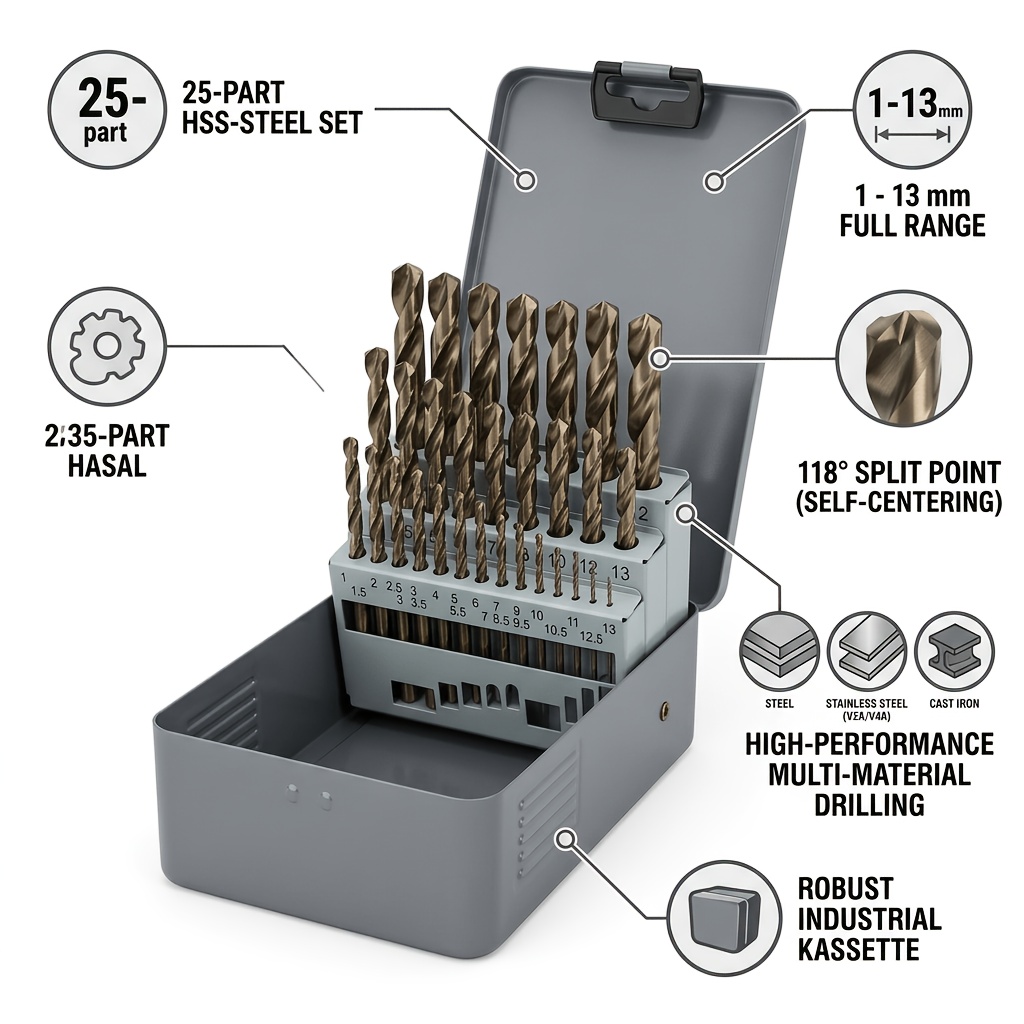 25pcs Hss Metalworking Drill Bit Set 1-13mm High Speed Spiral Drilling Tools For Metal
