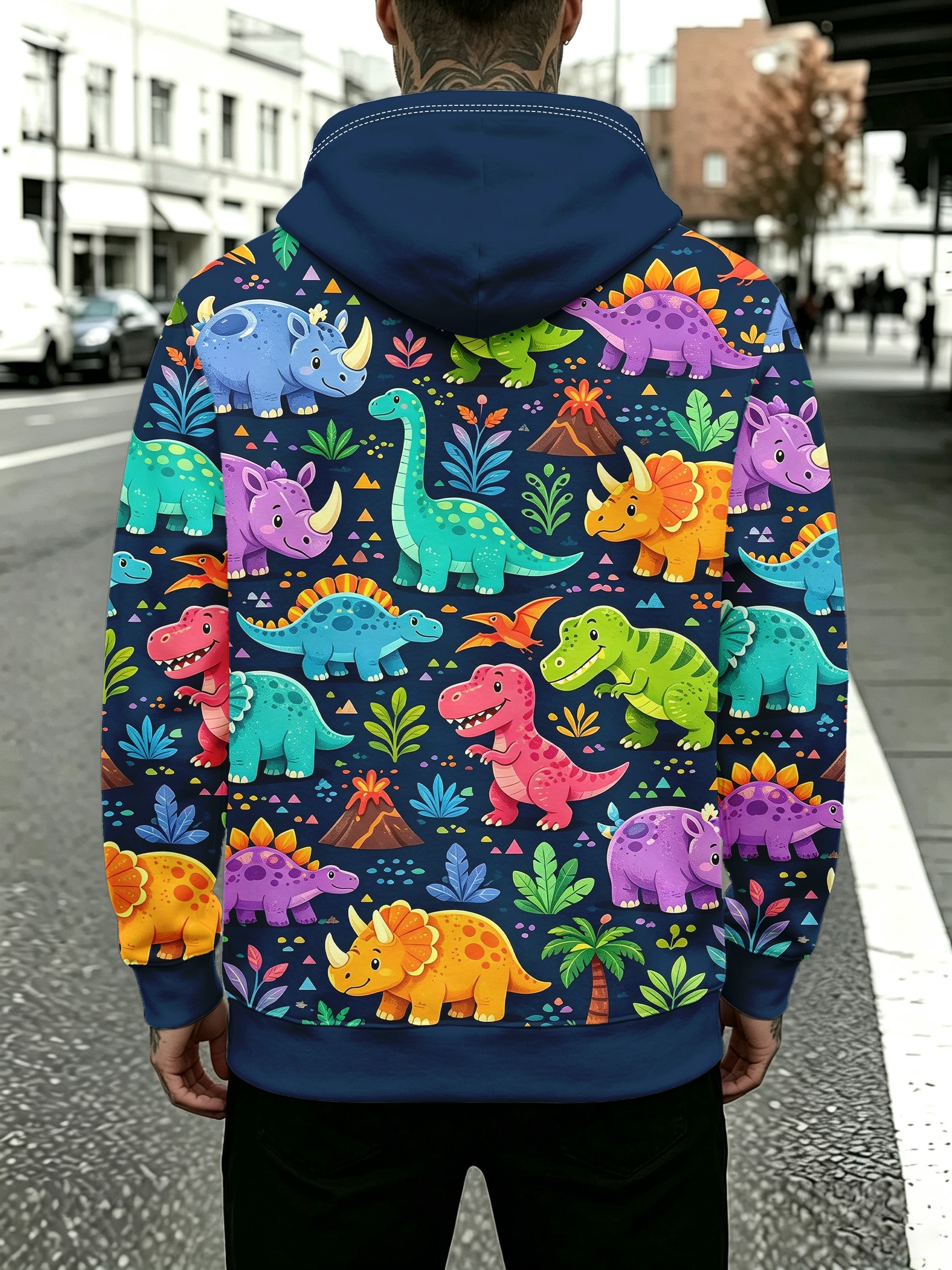 cartoon dinosaur all   hooded sweatshirt with triceratops   and volcano patterns     and     jacket