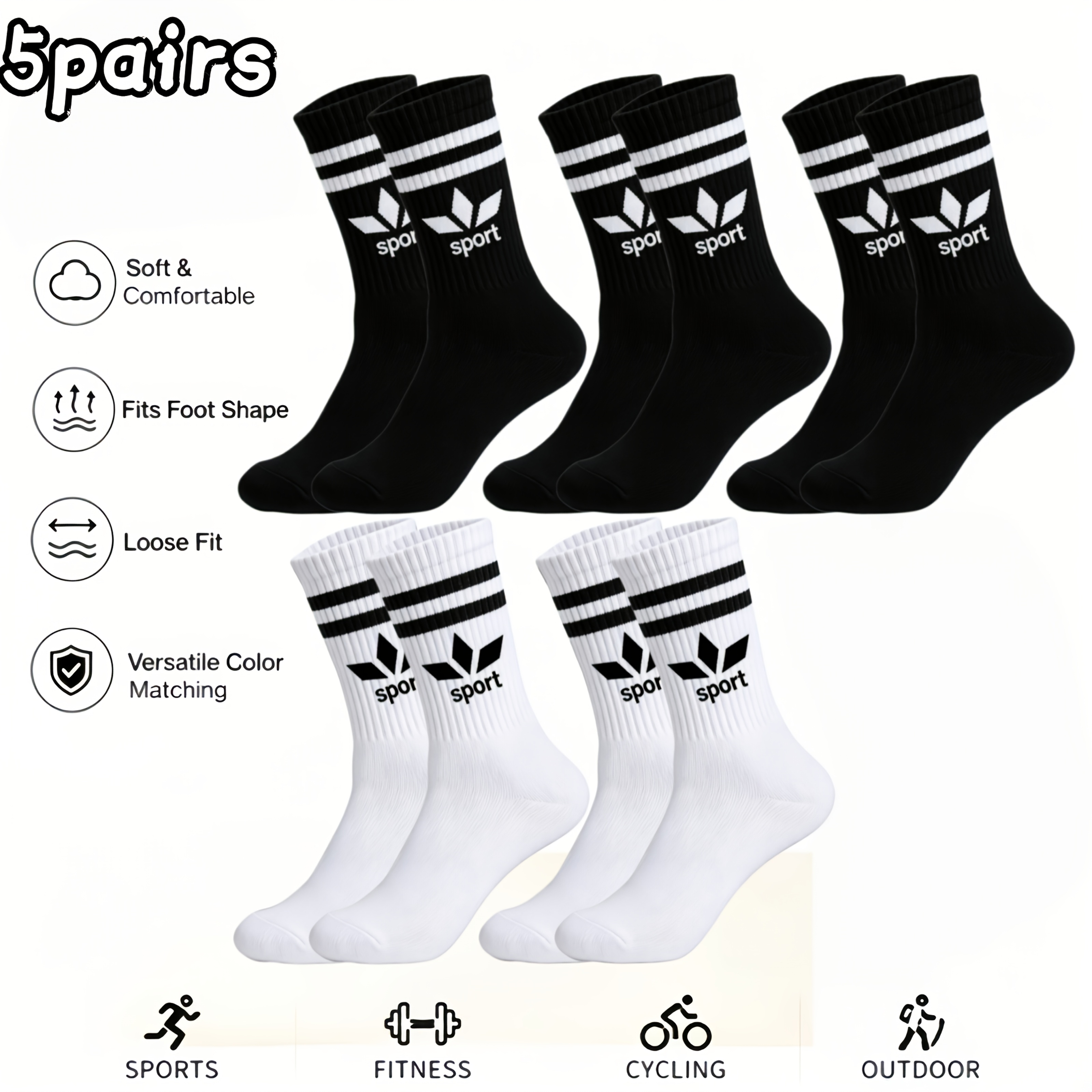 TEMU 5 Pairs Men And Women Tube Socks, Double Stripe Maple Leaf , Sports Socks, Black And , Soft , Running, Hiking, Fitness, Travel, Leisure, And