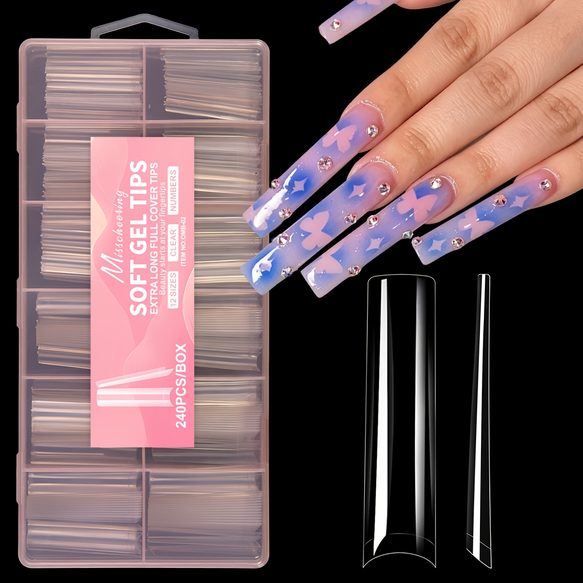 TEMU 240 stuks/set extra lange vierkante druk-op nageltips glanzende Franse halfdekking nepnagels voor dames nagelkunstbenodigdheden