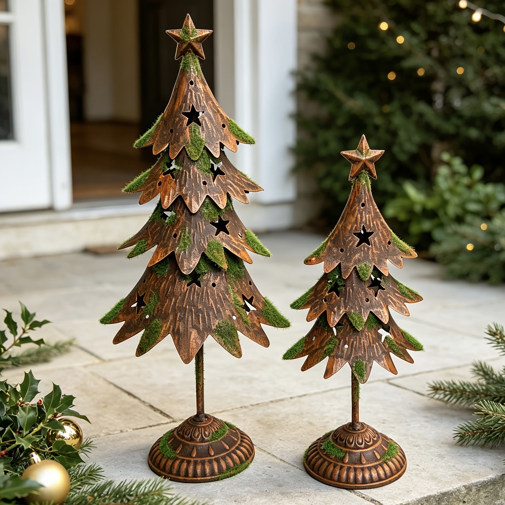 TEMU 2pcs Set Wrought Christmas Tree Ornaments, 1 Large And 1 , Thickened Heavy Plate, Carved Base, Artificial Moss Decoration, Star Cut-out ,