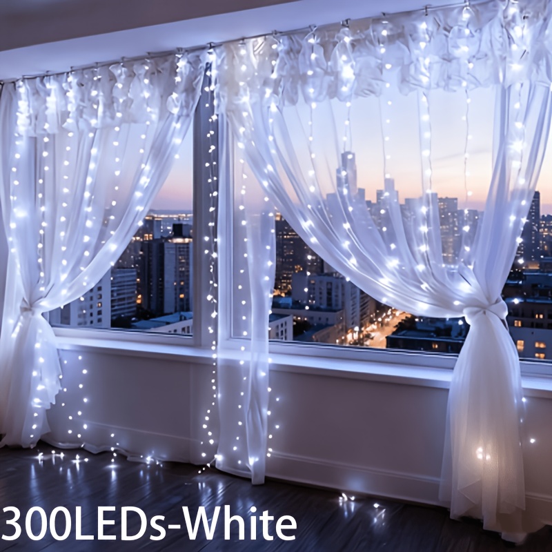 TEMU . x Lichtervorhang-Lampe mit 300 Glühbirnen, USB-betrieben, erhältlich in drei Farben – warm, weiß bunt – mit 8 für Fensterdekoration, geeignet