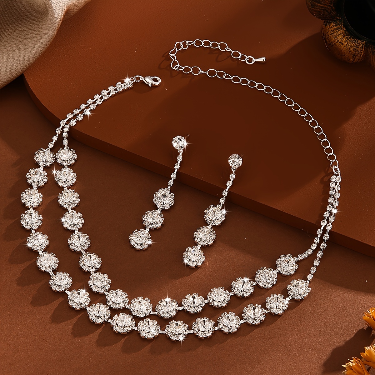 3pcs 女士珠宝套装水钻双层铜满镶水钻项链套装新娘饰品套装婚礼派对宴会首饰 商品详情 4