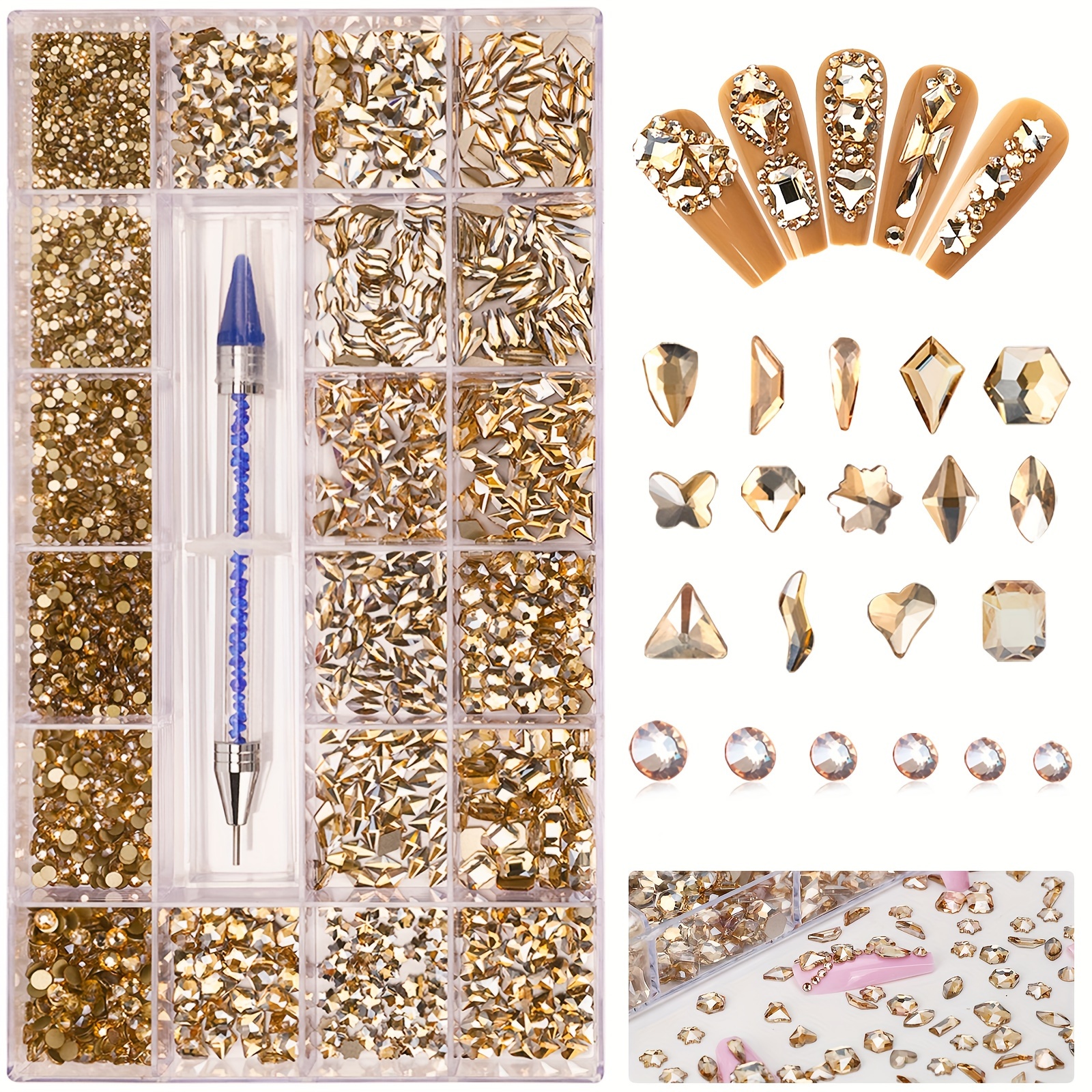 

8000pcs Of Glass Nail Decoration Accessories In 14 Different Shapes + Round Golden Glass + Crayon Champagne