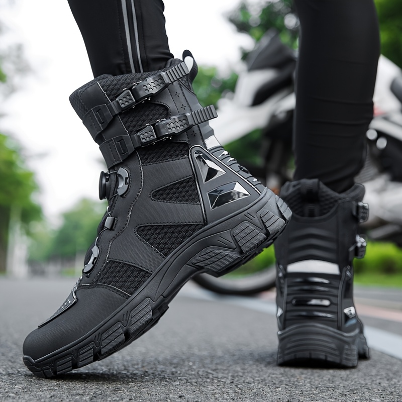 

High-top Motorcycle Boots - Sleek Black With Dual Straps, Breathable Mesh & Microfiber Upper, Rubber Sole - Ideal For & Street Style