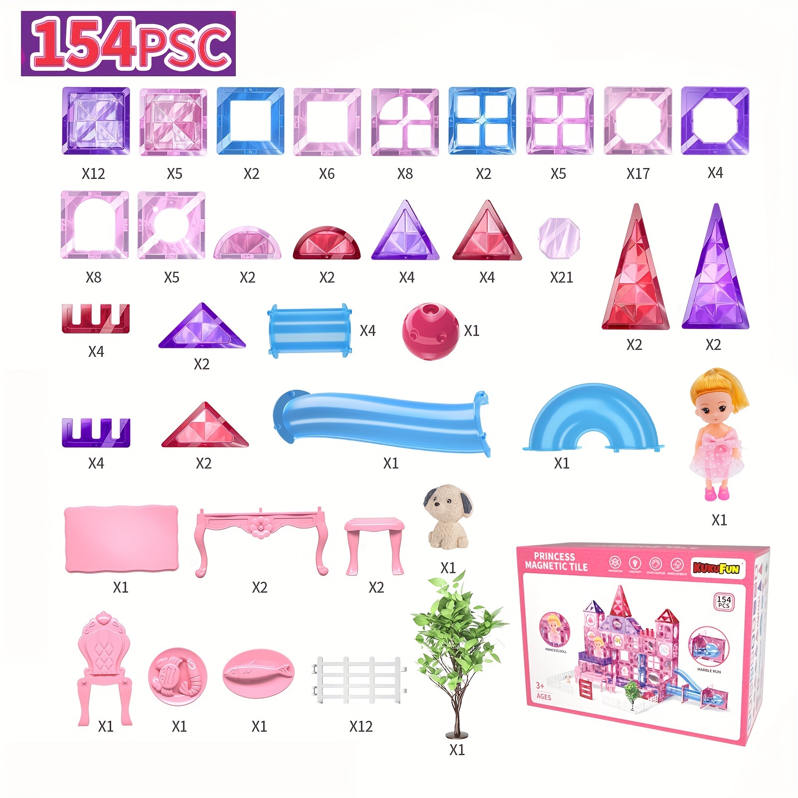 TEMU 154pcs Magnetic Building Tiles With Dolls Toys For Girls, Toys For 3 4 5 Year Old Girls, Building Stem Toys For Kids