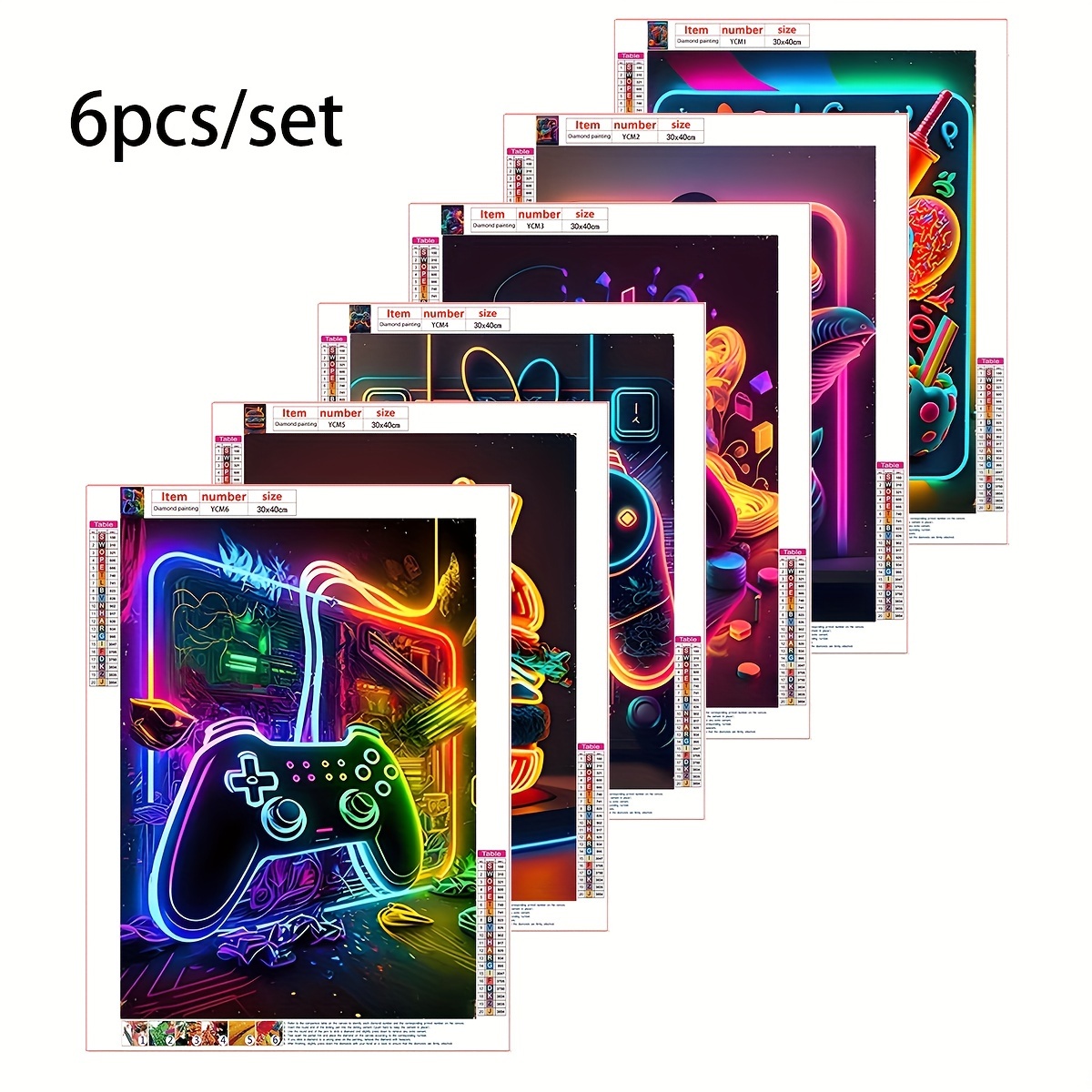 

Anime-themed Diamond Painting Kit, 6pcs Set, Round Full-drill Canvas, Vibrant Video Game & Fast Food Artwork For Wall Decor