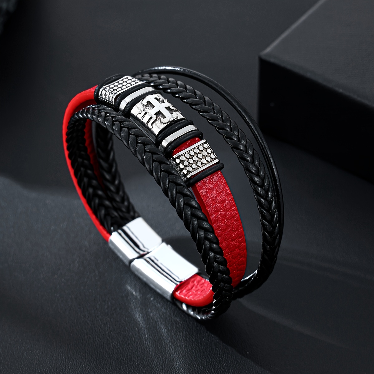 Image of 1pc Vintage Braided Faux Leather Bracelet, Cross , Black / Brown / Red Optional, Style Additions, Cross-border Hot-selling Fashion Versatile Hand Rope