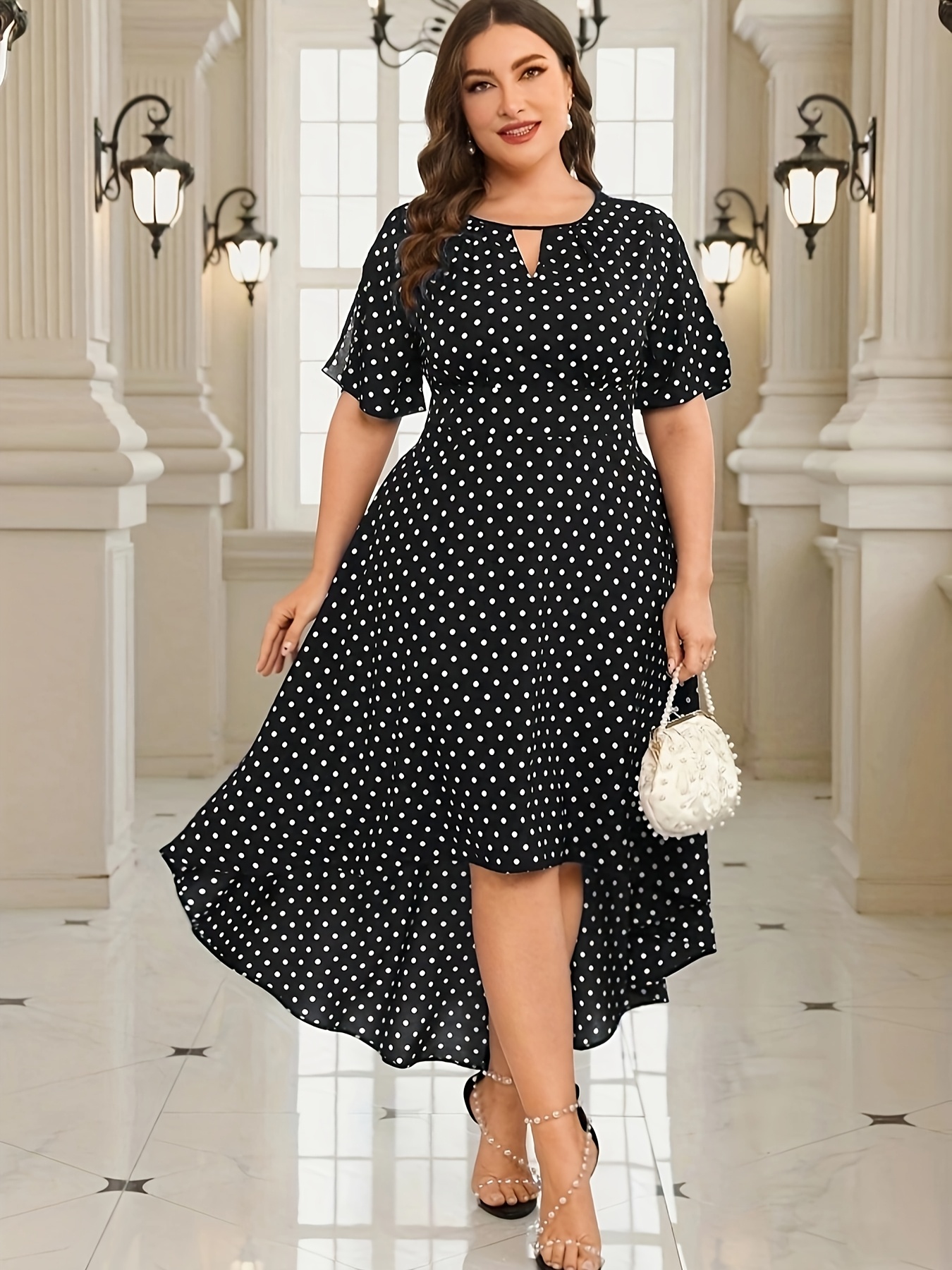 blue dress for baby girl Black Polka Dot Midi Dress Sleeveless Ruffle with Scarf