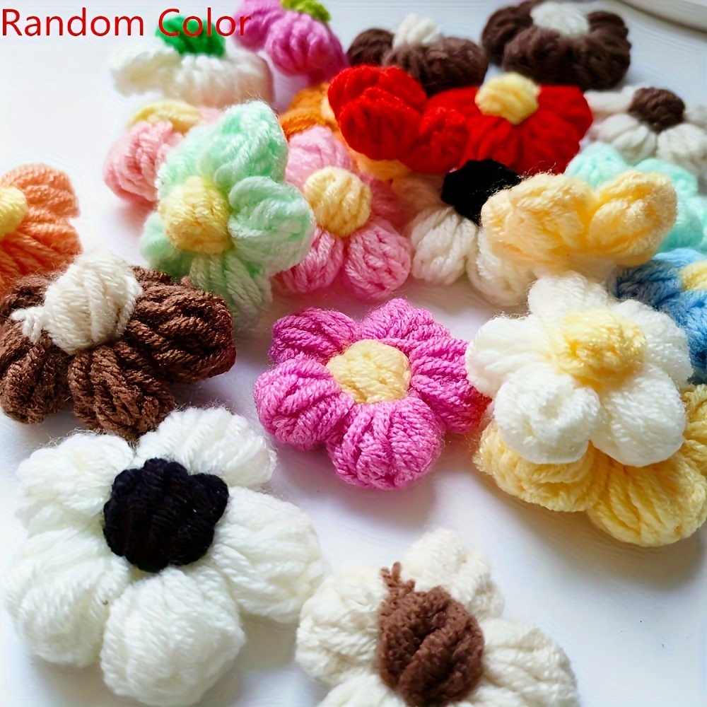 Image of 10pcs Random Color Knitted Five-petal Flower Diy Handmade Puff Flower Accessories For Clothing, Bags, Shoes, And Hats, Wholesale Decorative Supplies