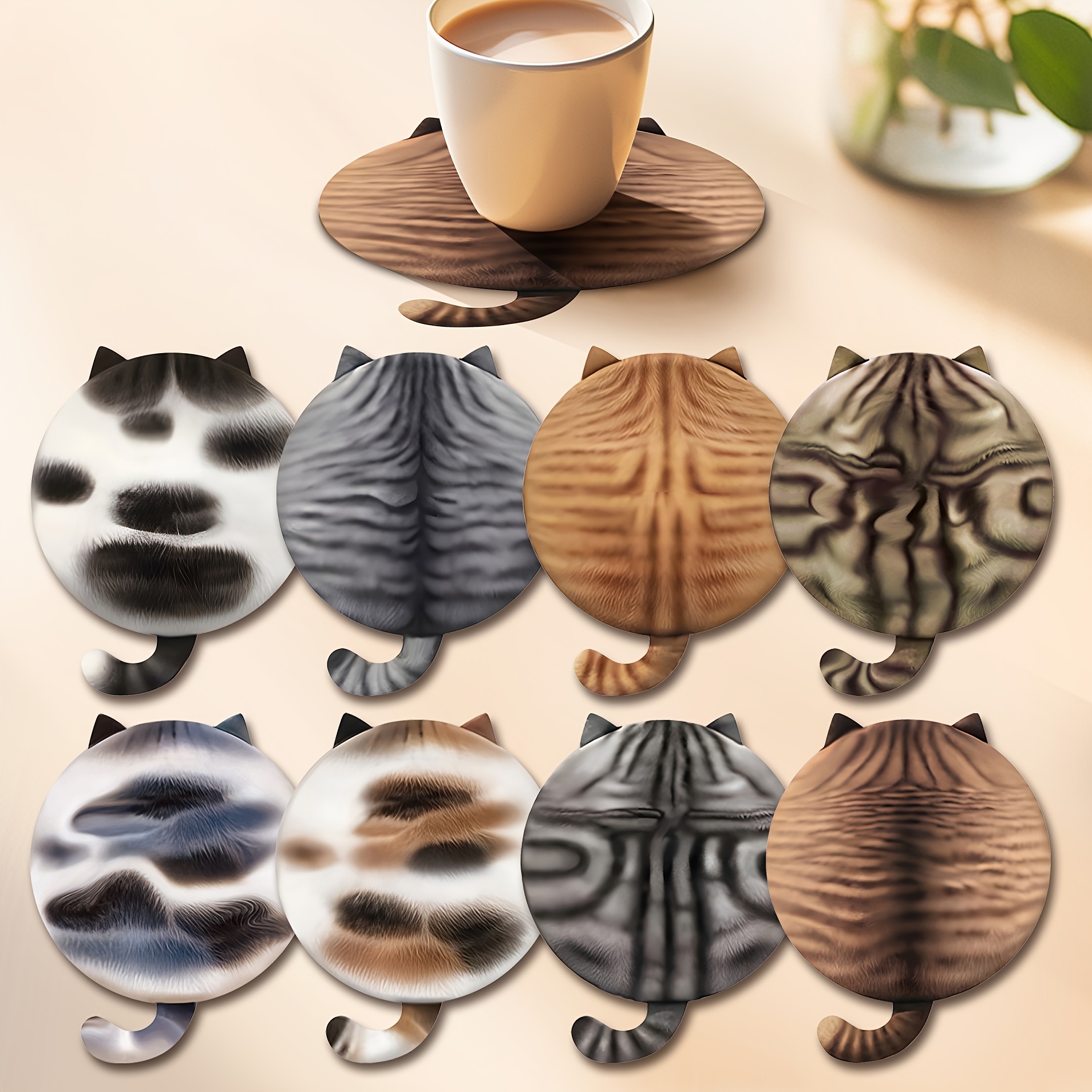 

8pcs Wooden Cat Coasters Set, Hand Washable, No Electricity Needed, Ideal For Home, Bar, Office - 3.93in Square