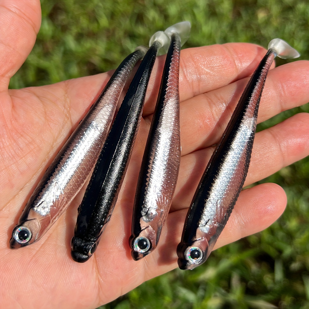 

4-pack Duck Flapper T-tail Soft Fishing Lures With Reflective Foil Insert, Hand- Eyes, Lifelike Swimming Action, High-quality Silicone Mixed Colors Set