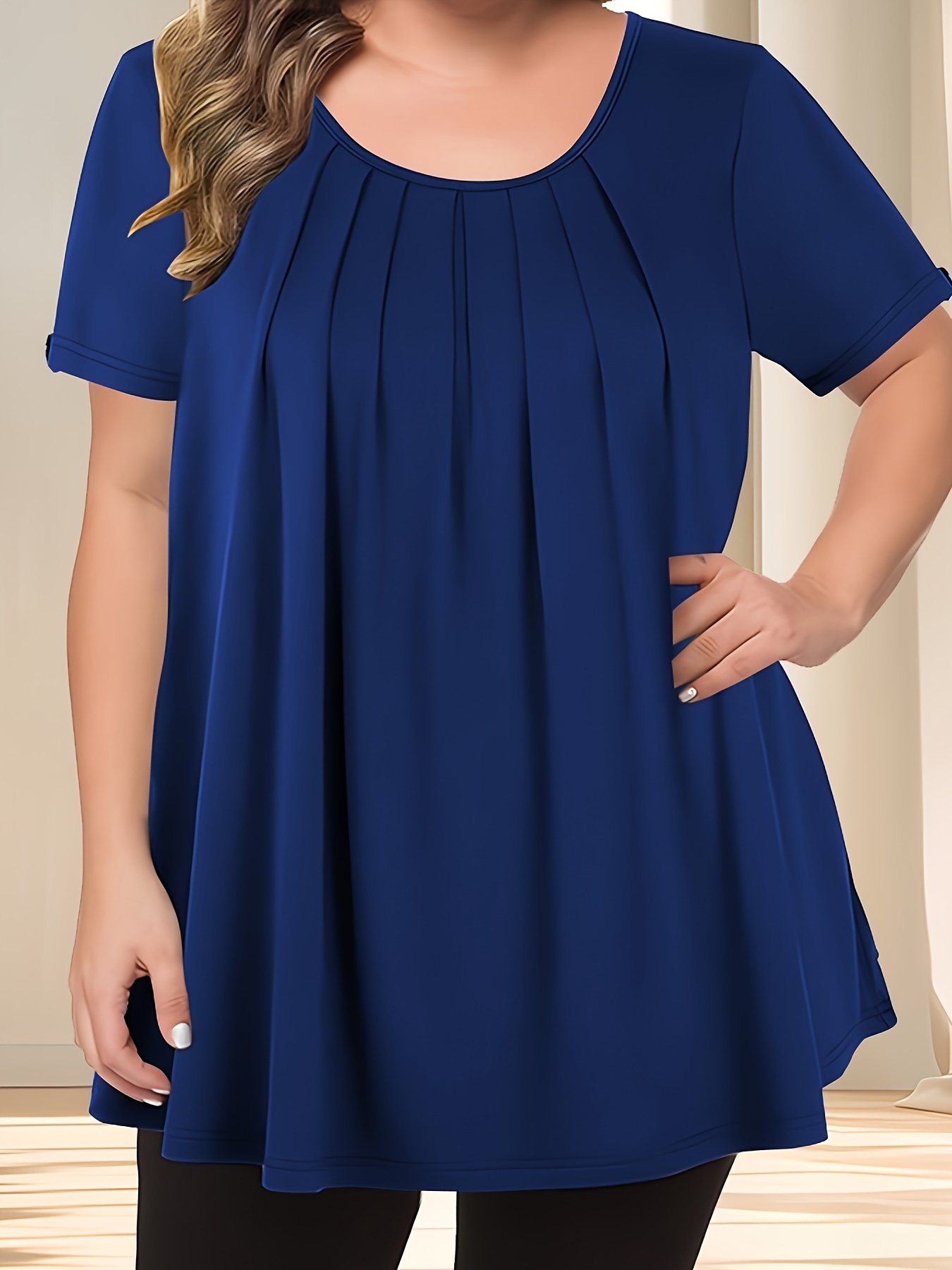 Women'S Casual Crew Neck Short Sleeve Blouse, Solid Color Plus Size, Lightweight Polyester with Subtle Stretch, Flared Hem, Spring/Summer Fashion Top, Casual Wear Blouse | Elegant Plus Size | Simple Eleganc