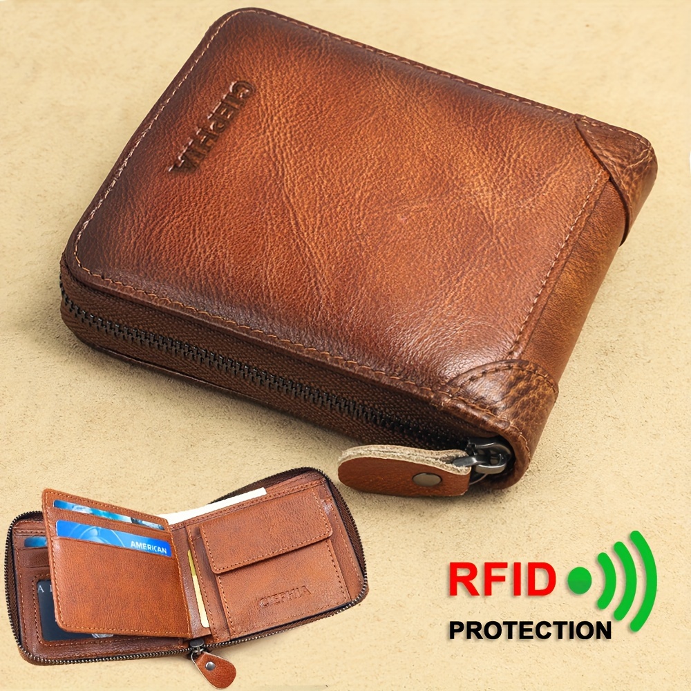 

1pc Genuine Leather Wallet For Men Rfid Blocking Bifold Zipper Wallets Top Layer Cowhide Multi Function Id Credit Card Holder Inner Short Wallet With Coin Bag Gifts For Him