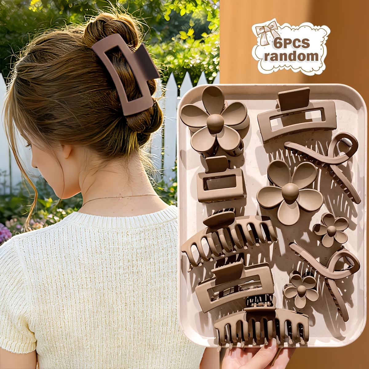 TEMU 6 Random Style Coffee-colored Hair Claw Clips, Including Square, Floral, Cross, Gear And Other Classic Styles With A High-end Feel, With Suits,