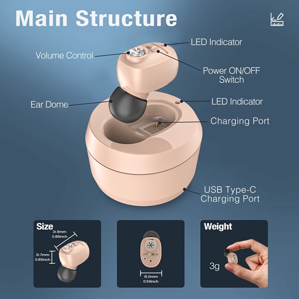 Delmicure Hearing Amplifier with Charging Base for Adult, Rechargeable Sound Amplifier with Memory & Muti-Level Volume Control, Invisible In-The-Ear Sound Device for Home Use, Single Ear Amplifier Device, Pefect Gift for Parents, Ideal for Ear, Beige