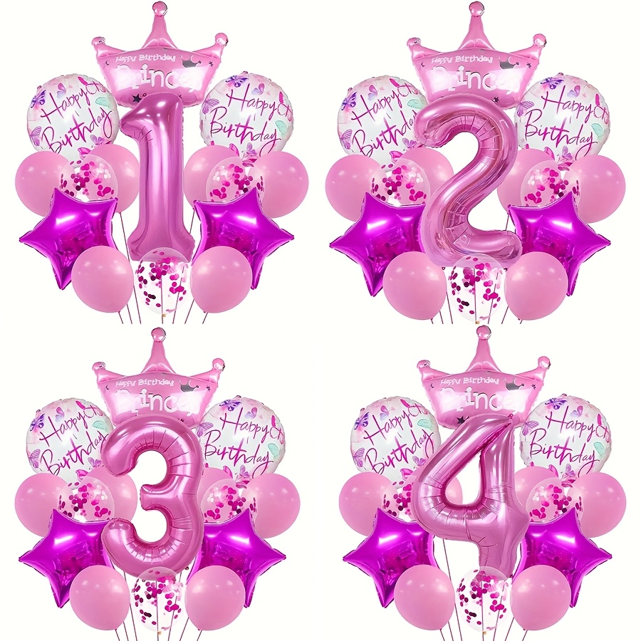 

15pcs Pink Birthday Crown Party Balloon Set, Includes 32-inch Numbers-1-4 And 18-inch Aluminum Film Balloons, Suitable For Birthday, Wedding And Other Party Decorations