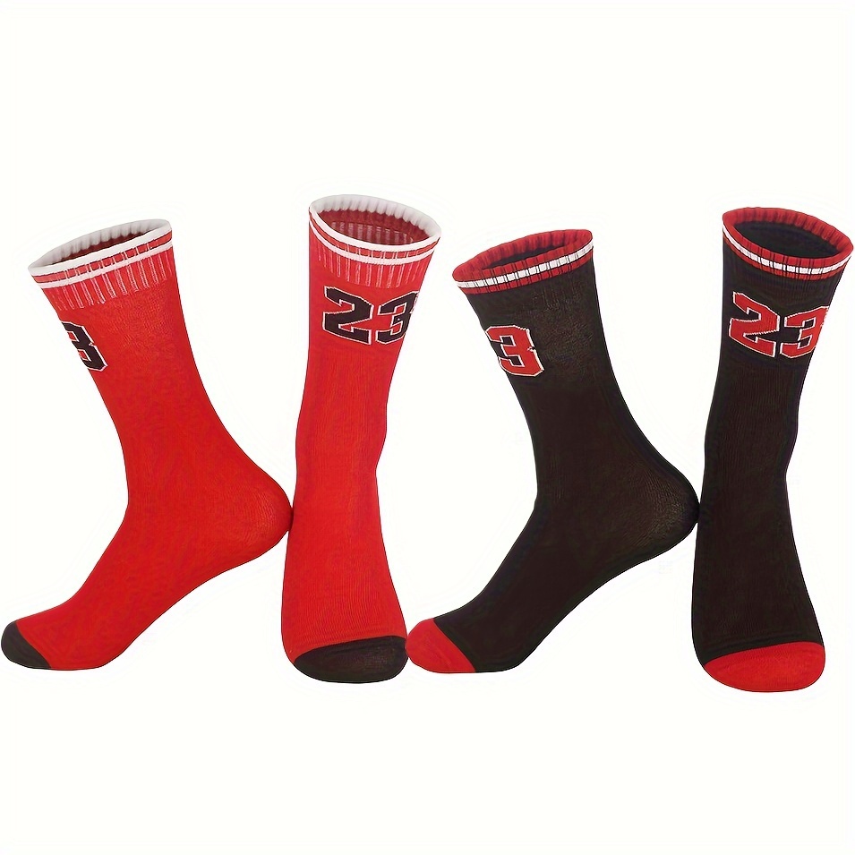 

1 Pair Youth Athletic Crew Socks, Number 23 Letter Print, Polyester , Cushioned Mid-calf Sports Socks For Basketball, Football, Running, Hiking, Skateboarding - Machine Washable