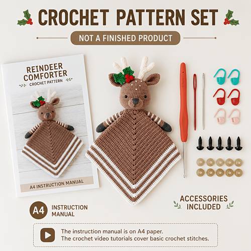 item picture complete crochet reindeer square pattern learning guide a4 printed manual video tutorial cards crochet hook and beginner additions yarn not included