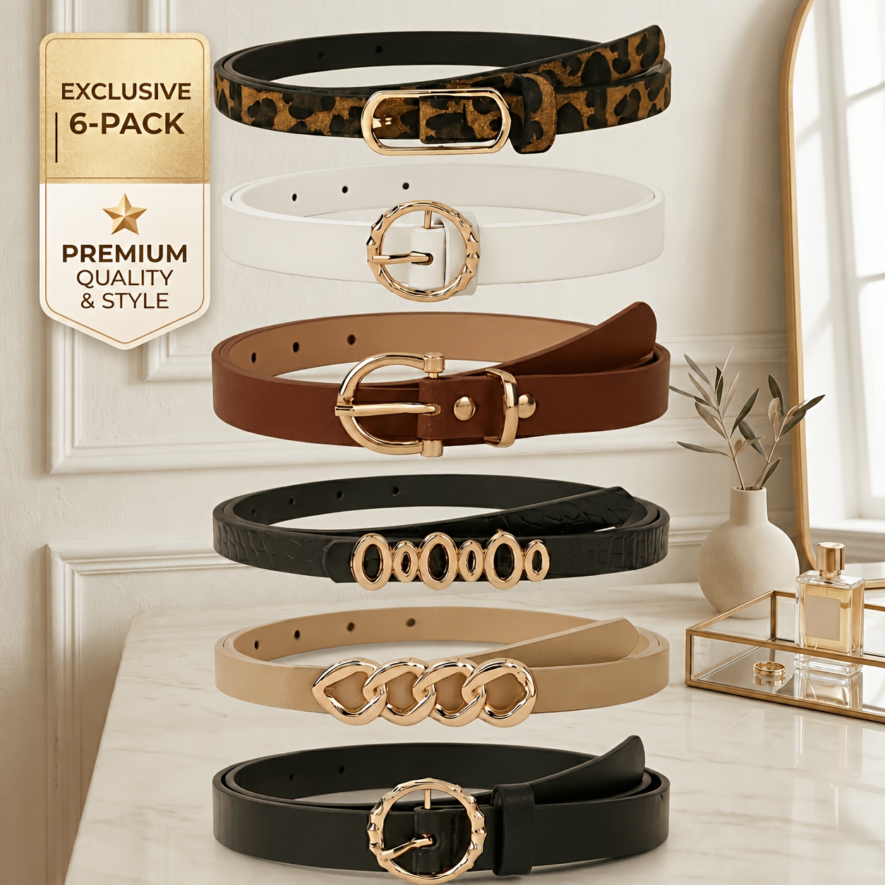 TEMU Ensemble de 6 ceintures pour femmes, ceinture taille mince, ceinture de robe, ceinture imprimé léopard, meilleur cadeau pour femmes