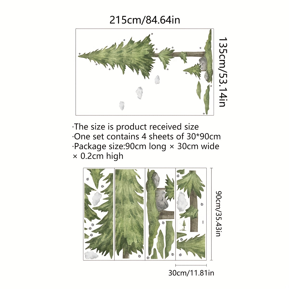 Image of A Set Of 4 (30*90cm*4pcs) Watercolor Style Large Size Trees Large Tree Wall Stickers Living Room Bedroom Decoration Forest Wall Stickers (ms6305-zy)