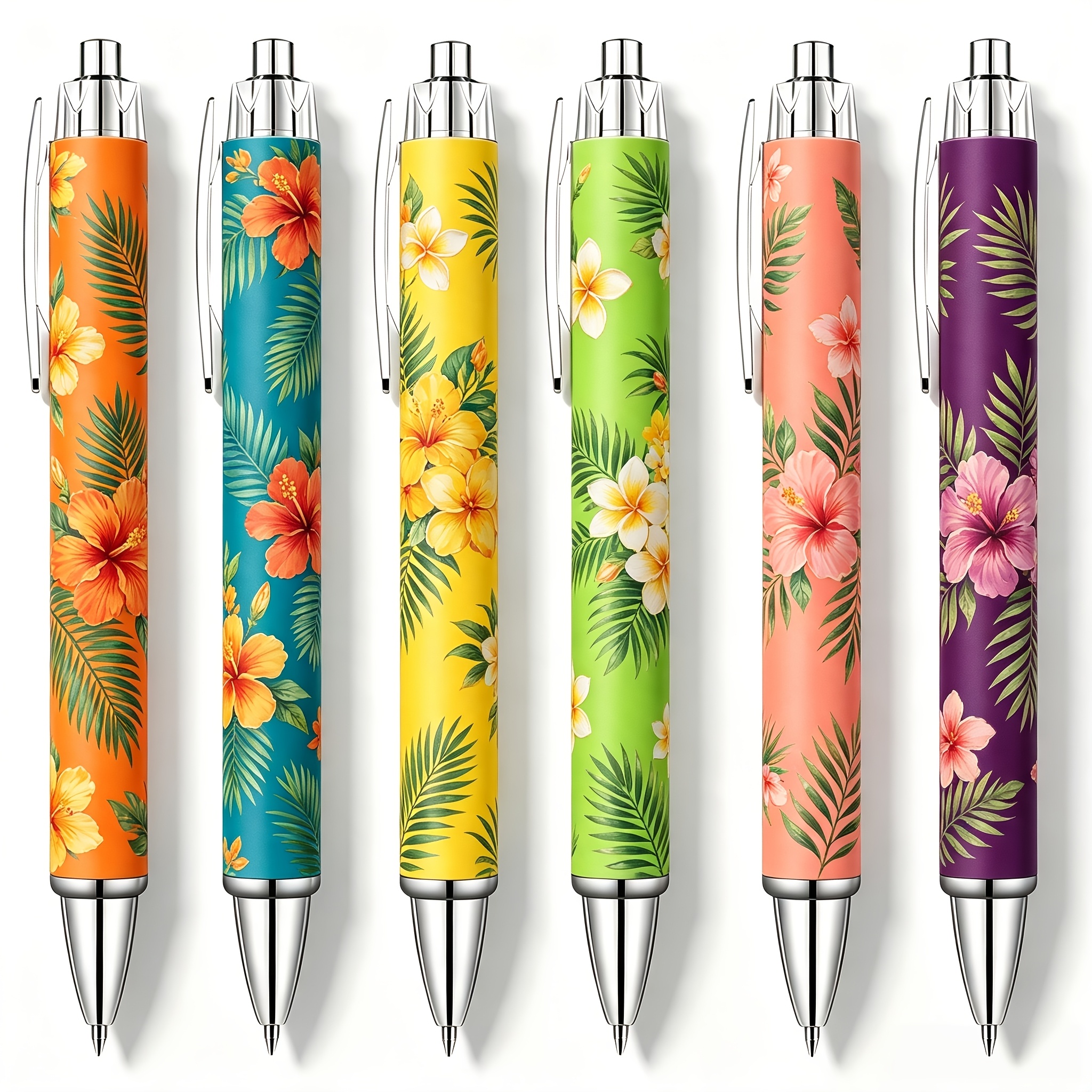 TEMU 6pcs Floral Retractable Ballpoint Pens, Vibrant Colorful Tropical Flower Pattern, Smooth Ink, Office School Daily Supplies, Ideal Gift For Women