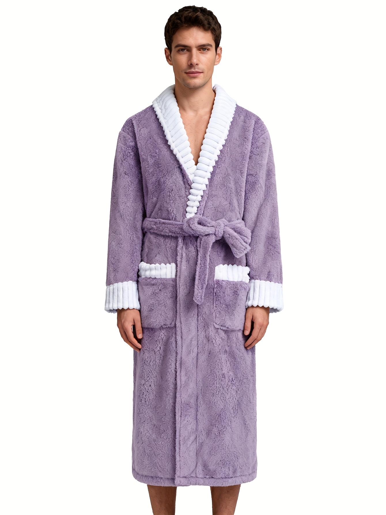 Men'S Thickened Flannel Robe - Long Bathrobe with Large Pockets, Soft Plush Texture, V-Neck & Belted Design for Fall/Winter, Perfect Gift for Him, Cozy Home Wear, Casual Sleepwear, Winter Robe | Vneck Robe | Plush Texture Robe