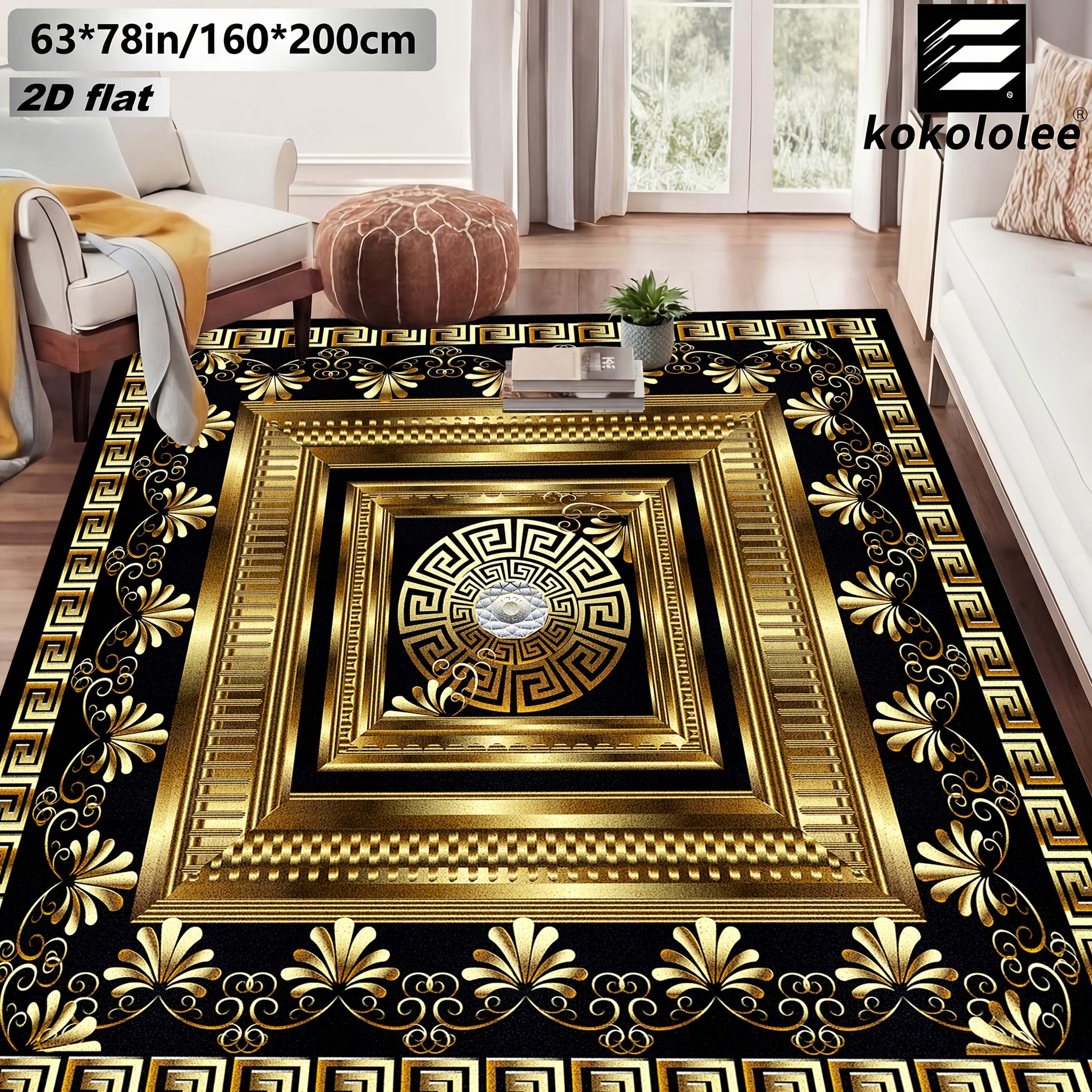 TEMU Velvet 1pc 2d Flat Kokololee Luxury Velvet Area Carpet - And Golden 2d Flat Greek Key Floral Pattern Carpet, Non-slip Backing, Machine Washable,