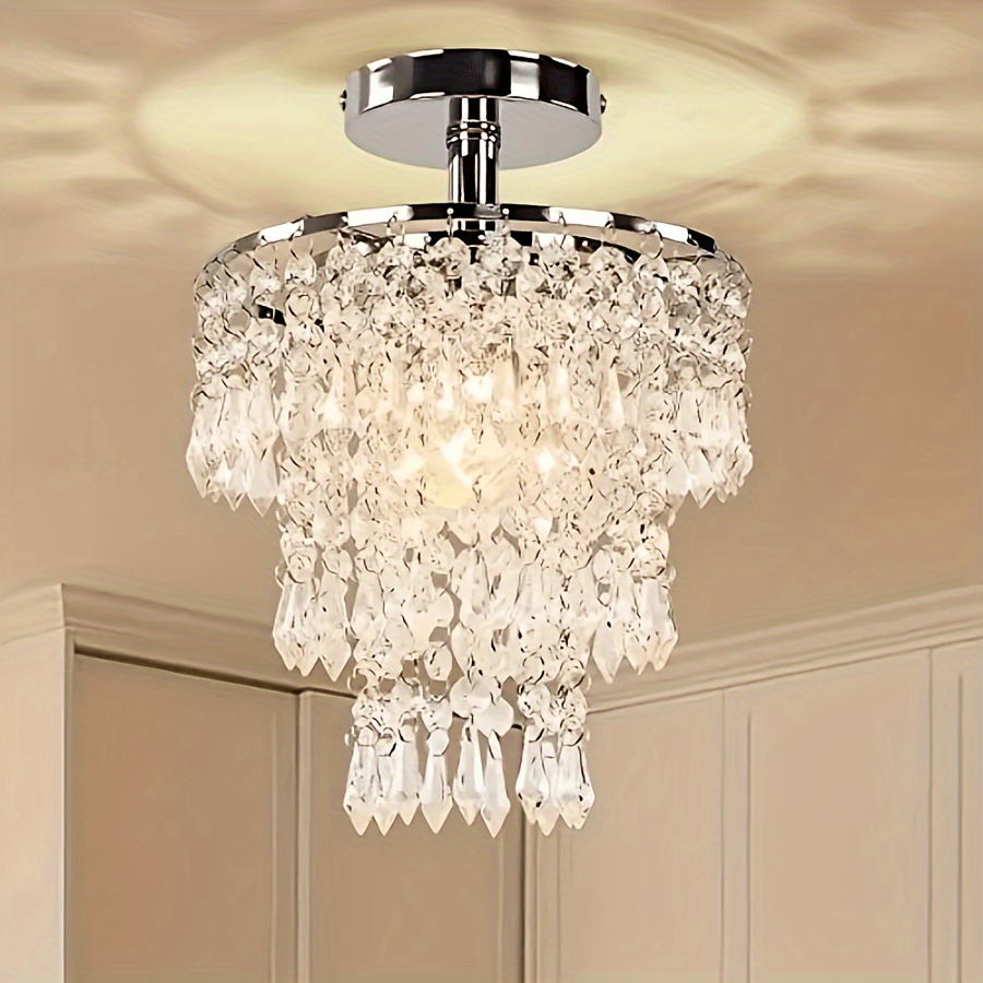 Elegant 1pc Modern Mini Crystal Chandelier - 3-Tier Raindrop Design, Adjustable Metal Ceiling Light for Bedroom, Living Room, Hallway - Semi-Flush Mount, for Switch Control, Crystal Embellished (Light Source Not Included), Ceiling Light for Living Room