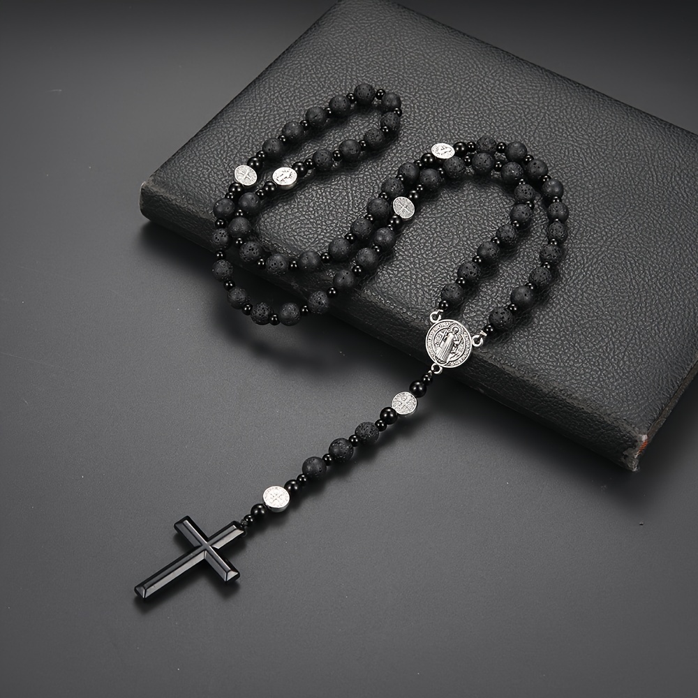 

1pc Retro Fashion Natural Stone Matte Black Round Beads Necklace, Beaded Cross Pendant Necklace, Men's Necklace, Long Chain Gift