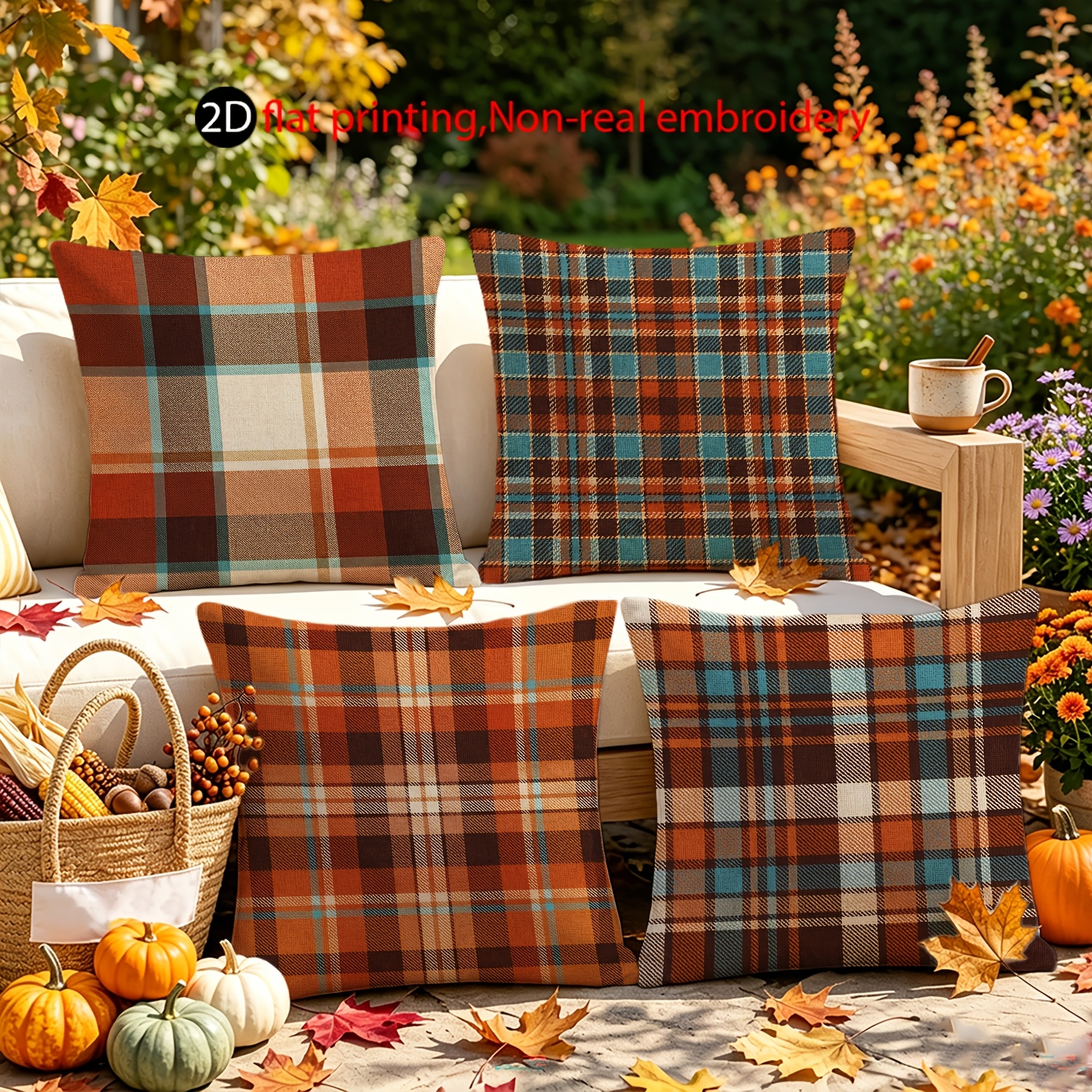 item picture 4pcs set 2d flat printing   pillowcases non real embroidery checkered cushion covers autumn home decoration pillowcases suitable for bedroom living room sofa office courtyard car without pillow core