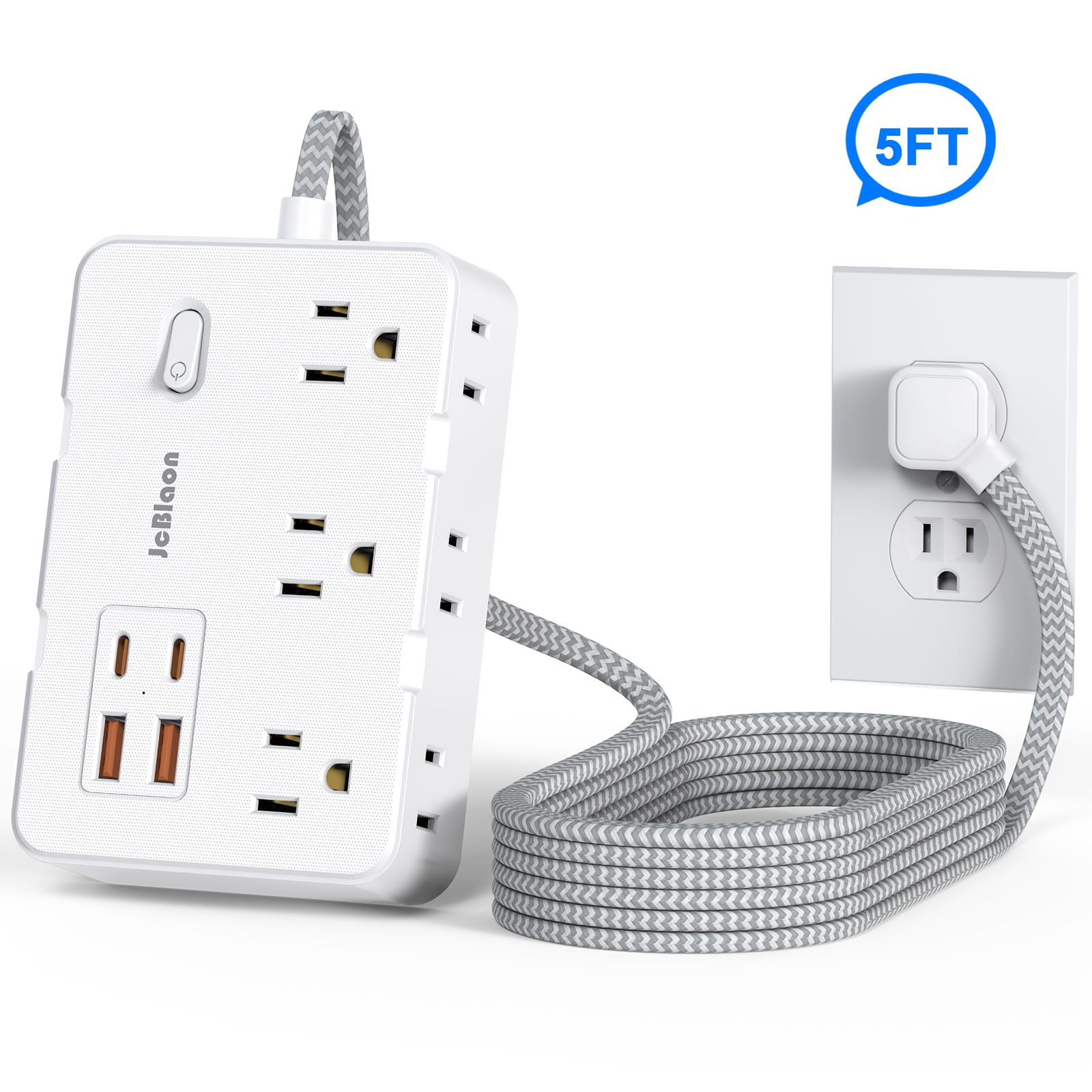 TEMU 2026 New Protector Power Strip 5/15ft Cord, Ultra Thin Flat Extension Cord With 6 Outlets 4 Usb Ports (2 Usb-c), Usb Total Output: 5v/3.1a, Flat